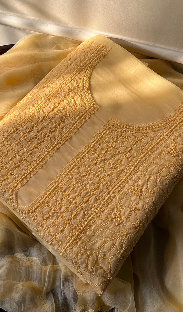 Women's Lakhnavi Handcrafted Unstitched Cotton Chikankari Suit Material - HONC0294086