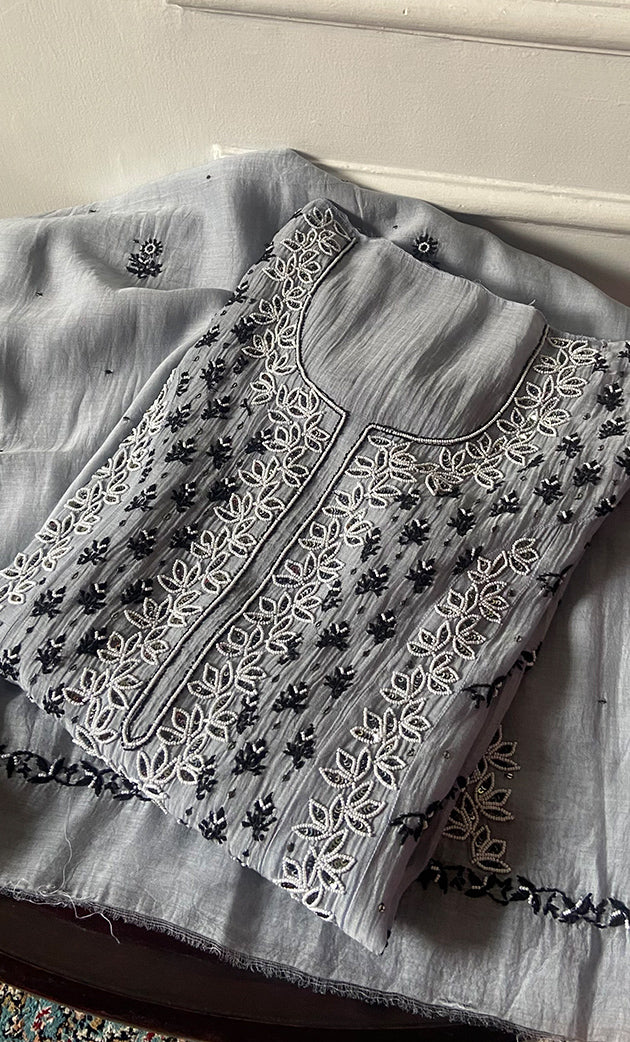 Saziya Women's Lakhnavi Handcrafted Mul Chanderi Semi - Stitched Kurta And Dupatta Set - HONC0339562