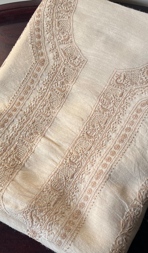 Lucknowi Handcrafted Munga Silk Chikankari Unstitched Men's Kurta Fabric - HONC0255818
