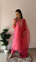 Marifa Women's Lucknowi Handcrafted Pure Organza Silk Stitched Chikankari Kurta, Dupatta With Pant Set- HONC0362245