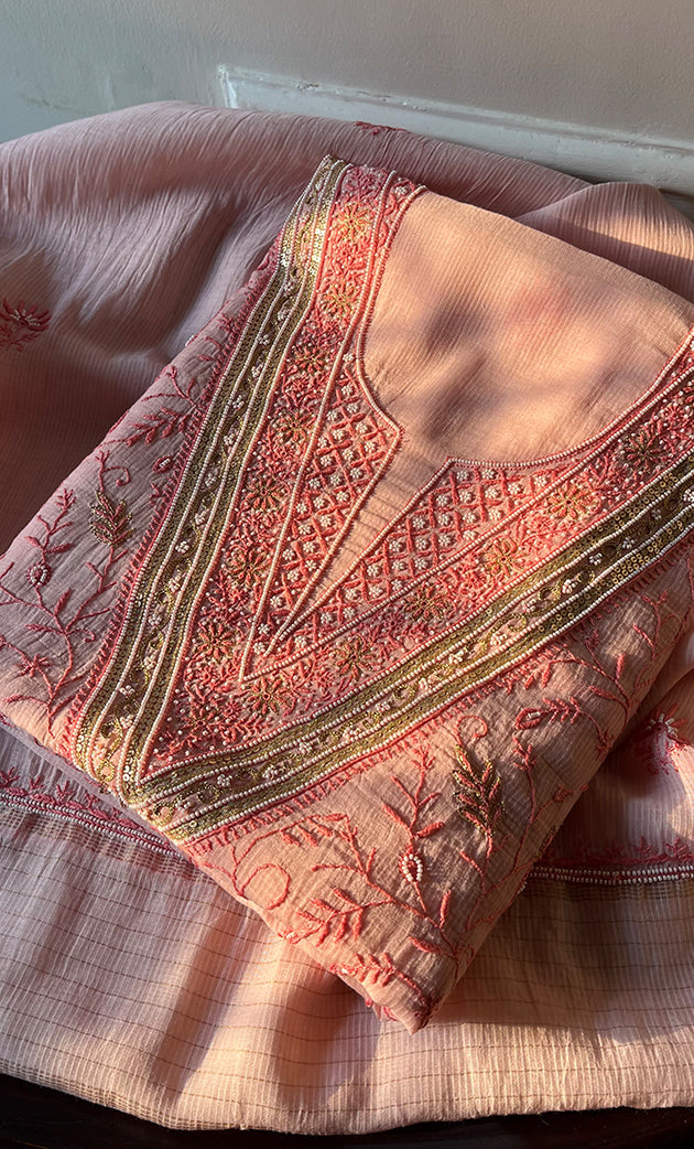 Mehr Women's Lakhnavi Handcrafted Maheshwari Mul Chanderi Unstitched Kurta And Dupatta Set - HONC0294447
