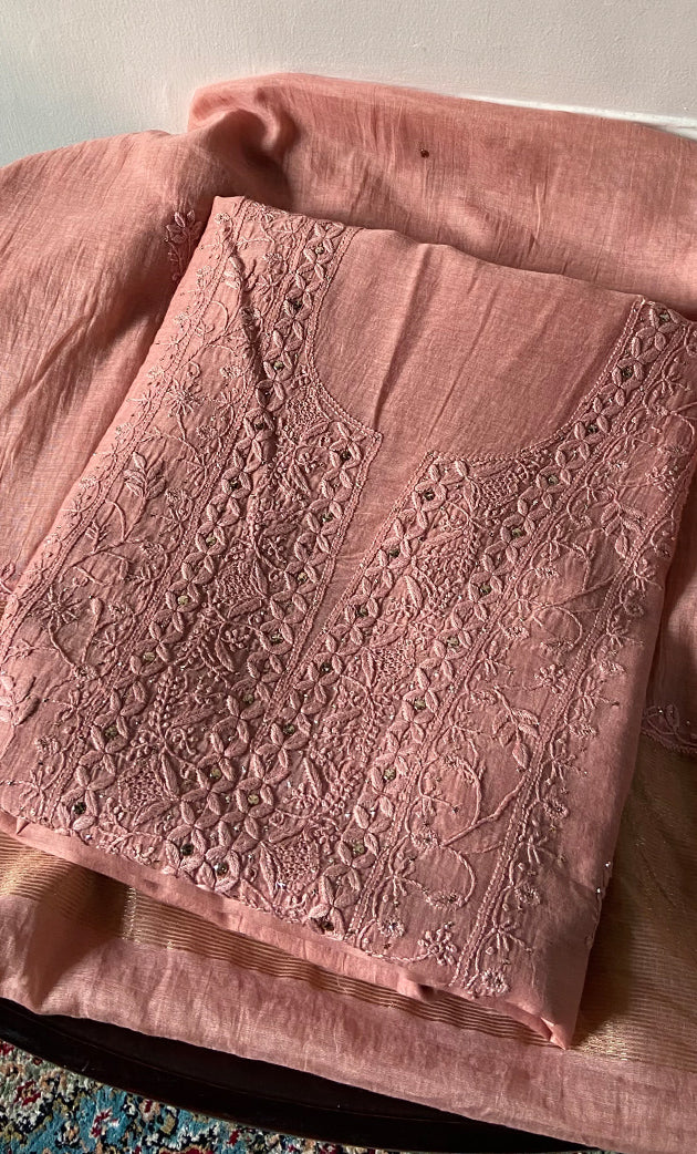 Women's Lakhnavi Handcrafted Mul Chanderi Unstitched Chikankari Full Suit Material - HONC0324500