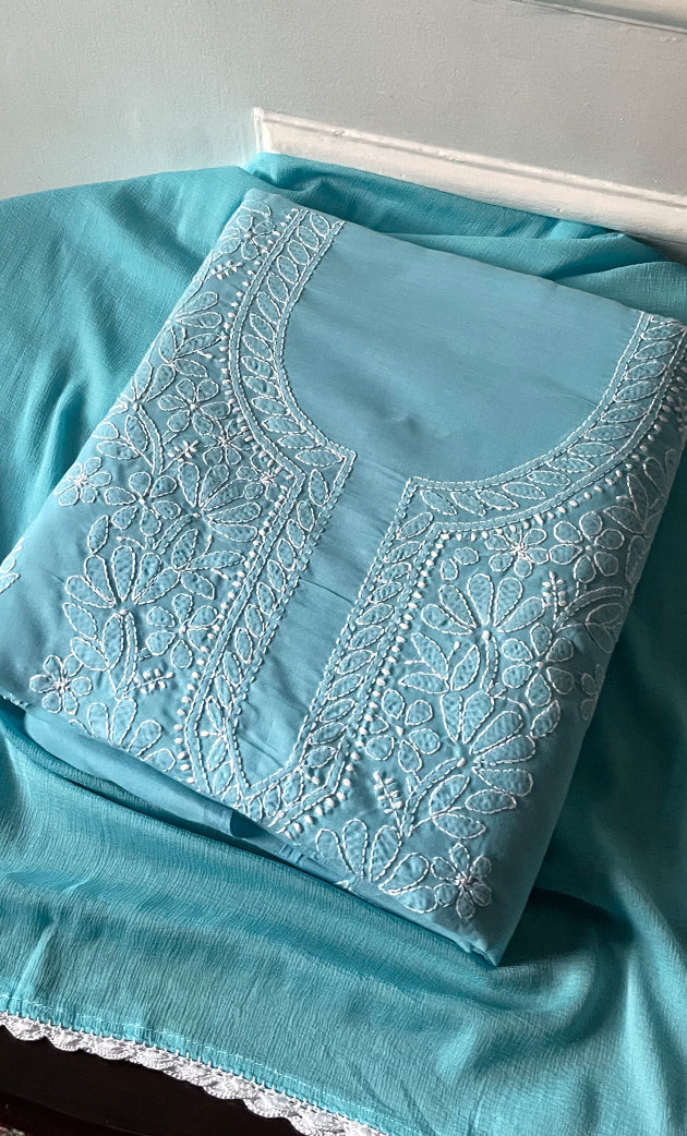 Women's Lakhnavi Handcrafted Unstitched Cotton Chikankari Suit Material - HONC0321791