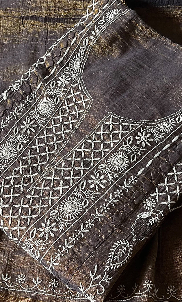 Women's Lakhnavi Handcrafted Tissue Chanderi Semi - Stitched Chikankari Kurta Dupatta Set - HONC0271314