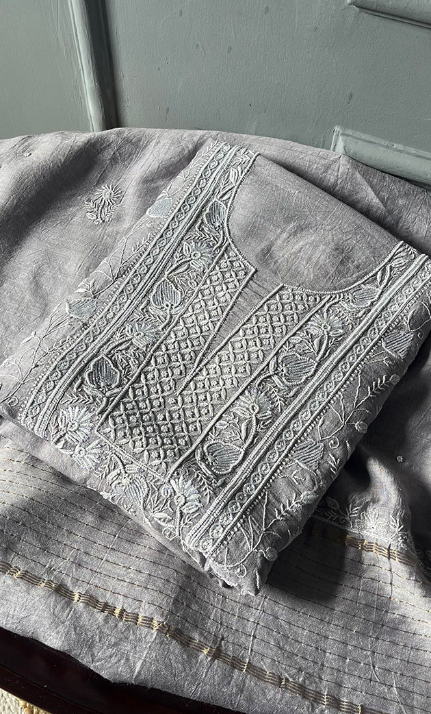 Women's Lakhnavi Handcrafted Munga Silk Chikankari Kurta And Dupatta Set- HONC0280262
