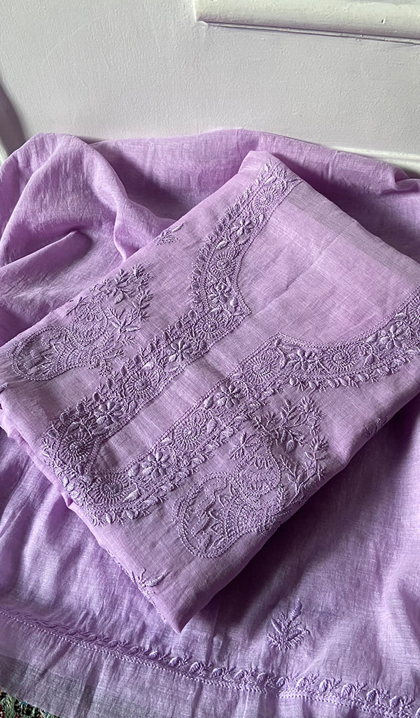 Women's Lakhnavi Handcrafted Mul Chanderi Unstitched Chikankari Full Suit Material - HONC0326124