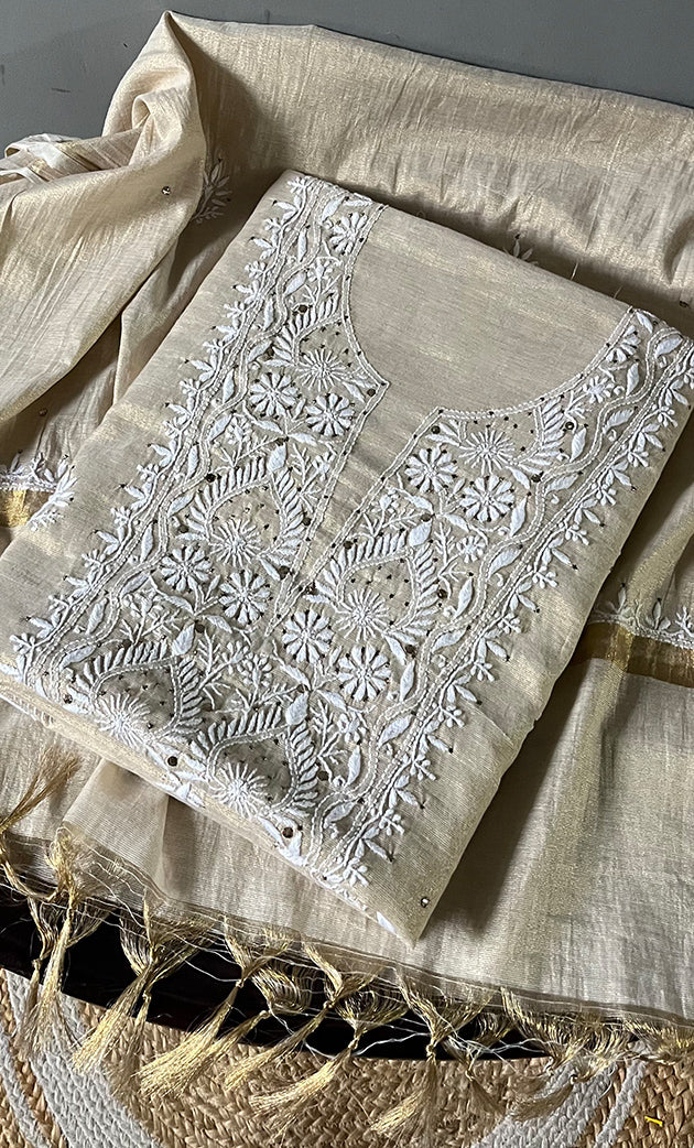 Women's Lakhnavi Handcrafted Tissue Chanderi Unstitched Kurta And Dupatta Set - HONC0267132