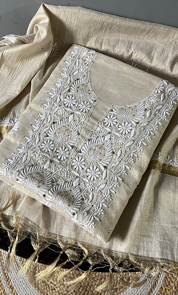 Women's Lakhnavi Handcrafted Tissue Chanderi Unstitched Kurta And Dupatta Set - HONC0267132