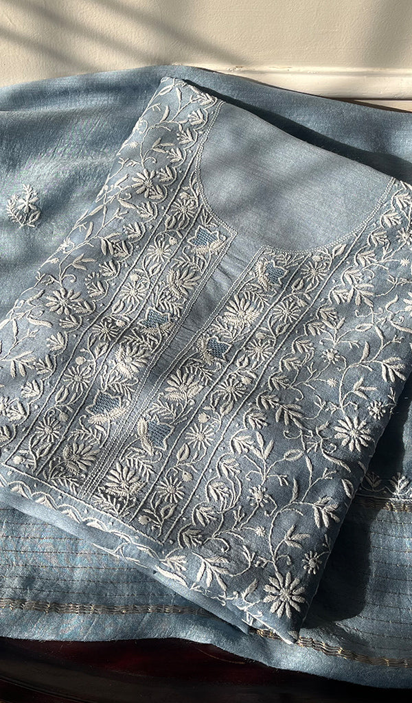 Women's Lakhnavi Handcrafted Munga Silk Chikankari Kurta And Dupatta Set - HONC0278882