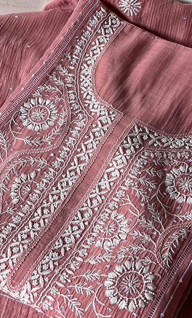 Women's Lakhnavi Handcrafted Mul Chanderi Chikankari Semi - Stitched Kurta Dupatta Set - HONC0301238