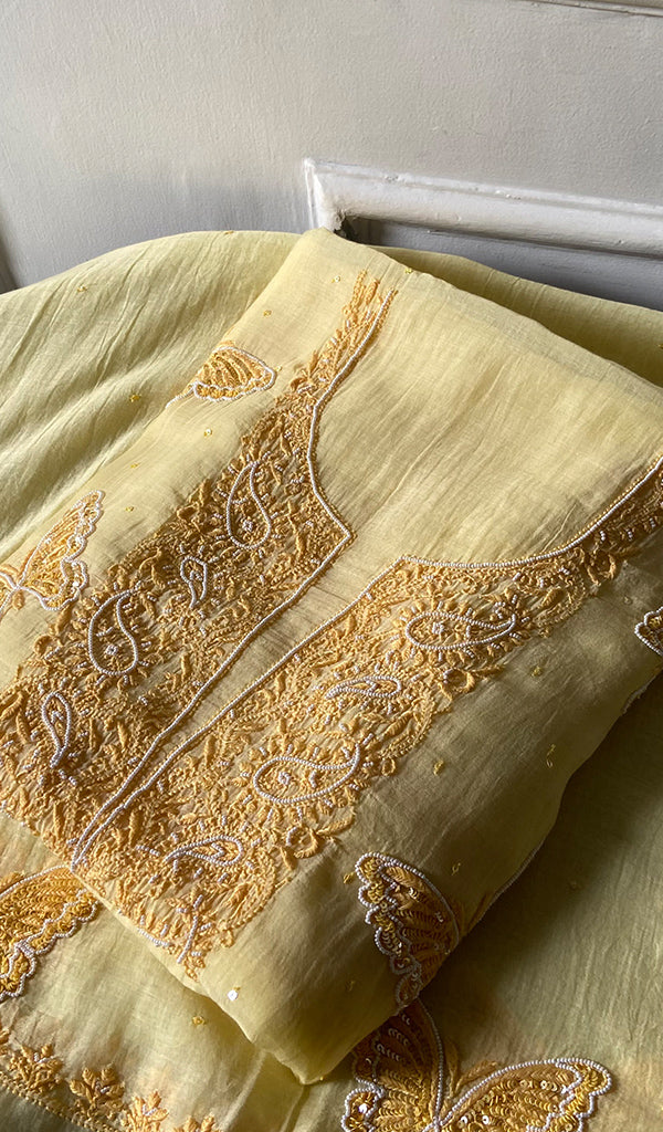 Women's Lakhnavi Handcrafted Mul Chanderi Unstitched Chikankari Full Suit Material - HONC0339581