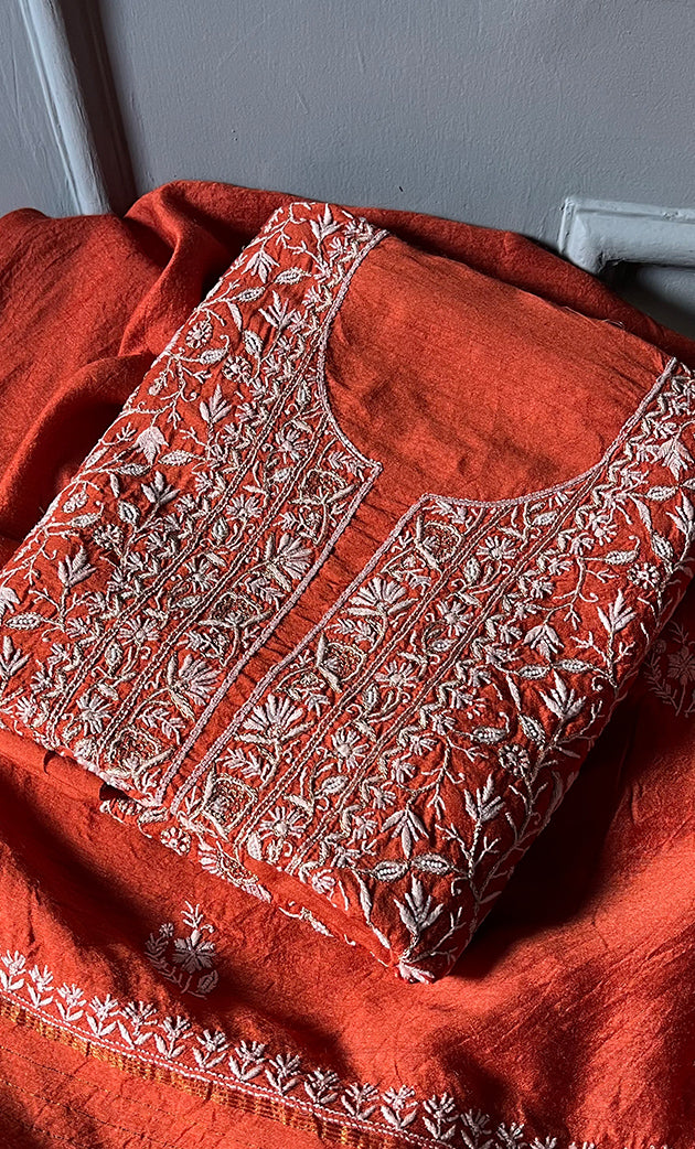 Women's Lakhnavi Handcrafted Munga Silk Chikankari Kurta And Dupatta Set- HONC0282380