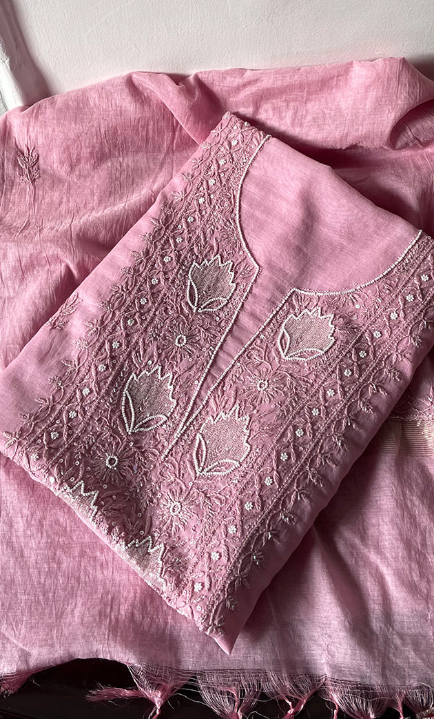 Women's Lakhnavi Handcrafted Mul Chanderi Unstitched Chikankari Full Suit Material - HONC0314659