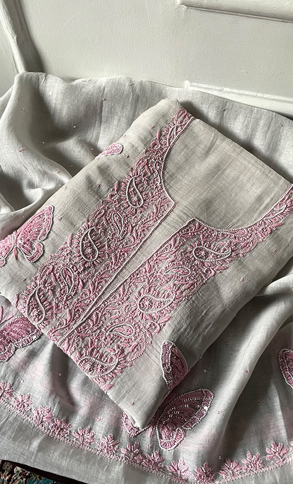 Women's Lakhnavi Handcrafted Unstitched Mul Chanderi Kurta And Dupatta Set - HONC0302863
