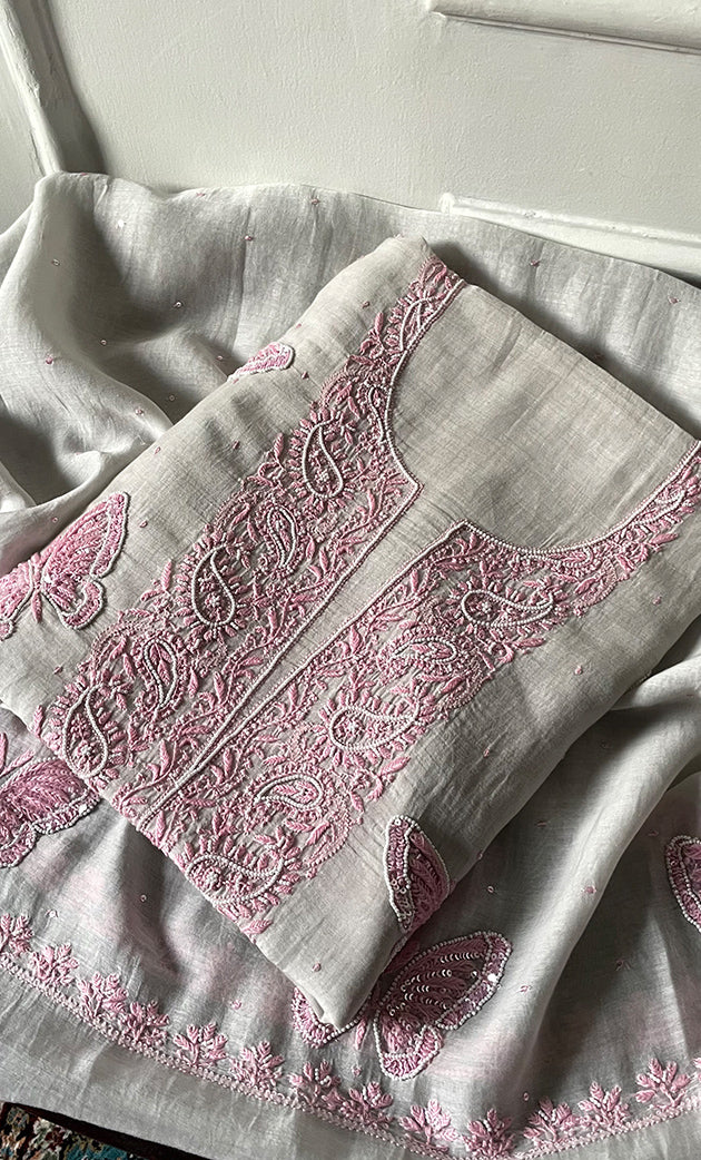 Women's Lakhnavi Handcrafted Unstitched Mul Chanderi Kurta And Dupatta Set - HONC0302863