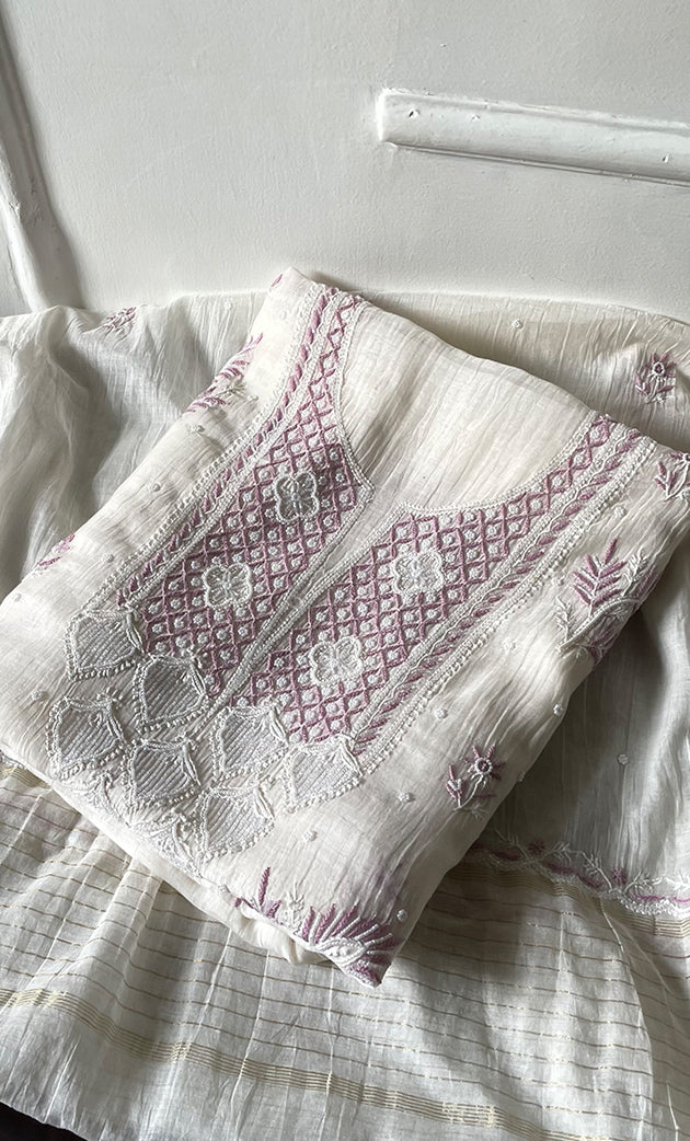 Women's Lakhnavi Handcrafted Unstitched Mul Chanderi Kurta And Dupatta Set - HONC0319478