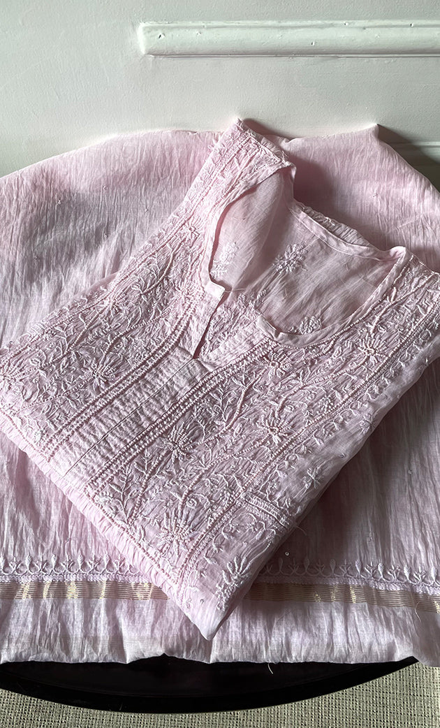 Women's Lakhnavi Handcrafted Mul Chanderi Semi - stitched Chikankari Full Suit Material - HONC0319559