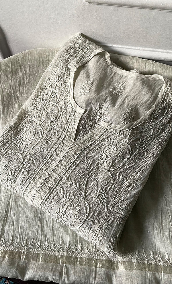 Women's Lakhnavi Handcrafted Mul Chanderi Semi - stitched Chikankari Full Suit Material - HONC0319562
