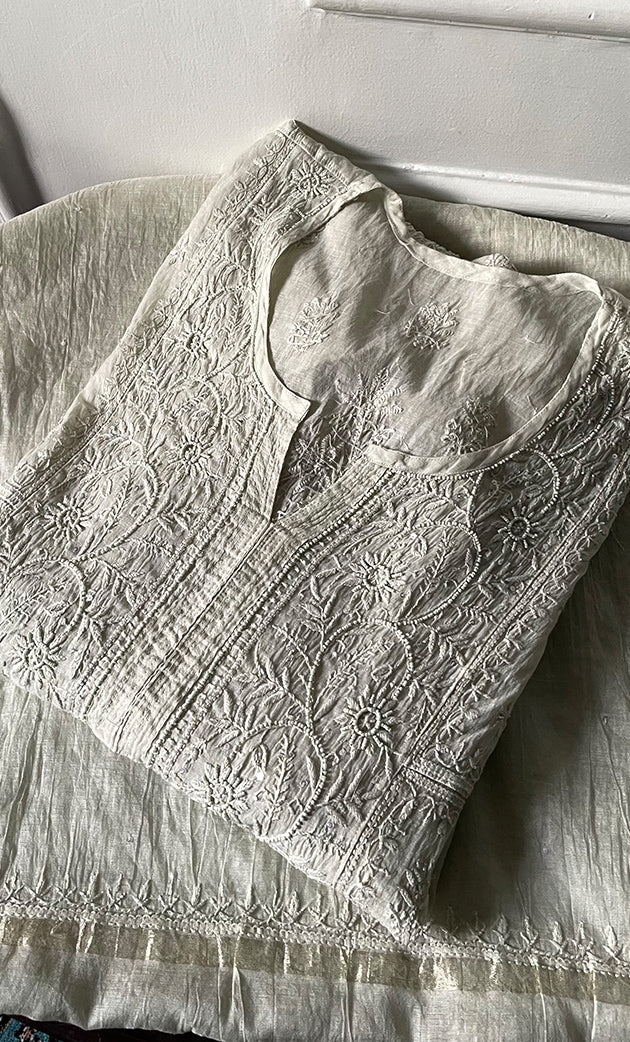 Women's Lakhnavi Handcrafted Mul Chanderi Semi - stitched Chikankari Full Suit Material - HONC0319562