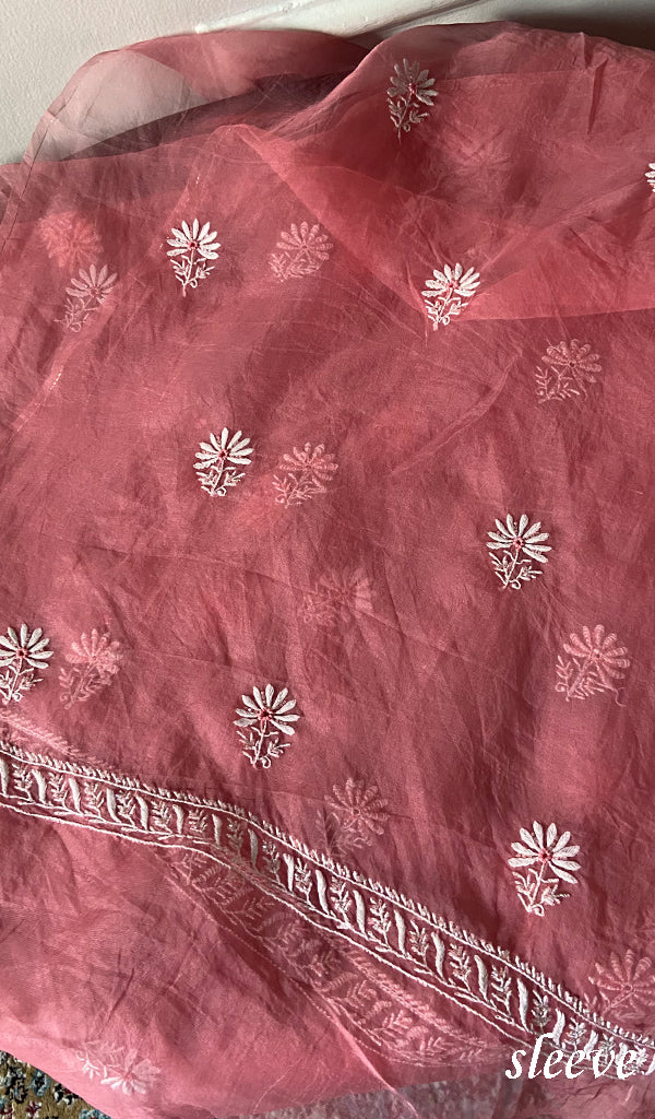 Women's Lakhnavi Handcrafted Pure Organza Chikankari Unstitched Kurta And Dupatta Set- HONC0335079