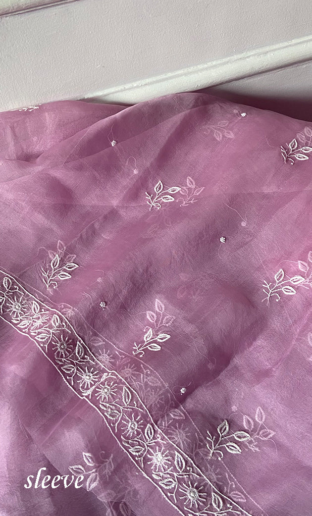 Women's Lakhnavi Handcrafted Pure Organza Chikankari Unstitched Kurta And Dupatta Set- HONC0288321