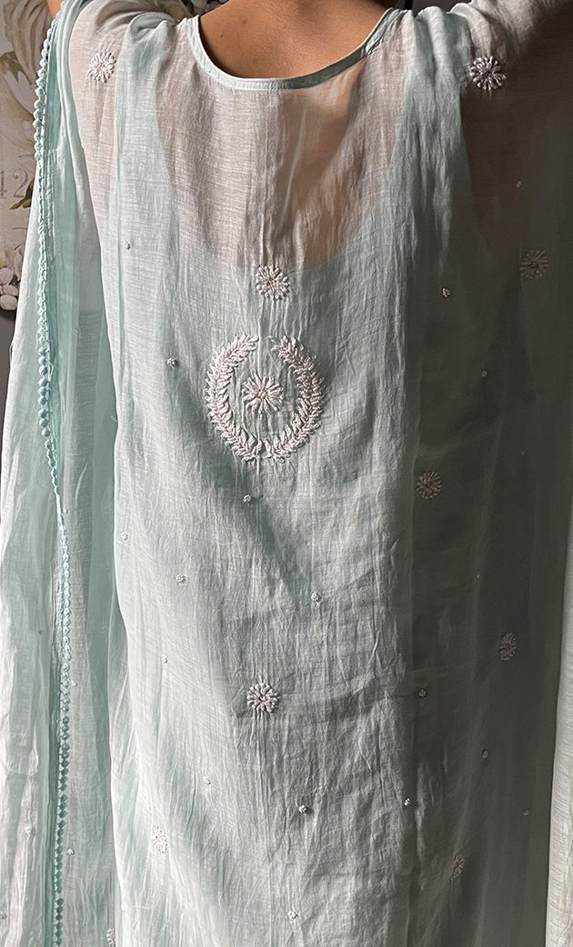 Rabia Women's Lucknowi Handcrafted Mul chanderi Chikankari Kaftan - HONC0304373