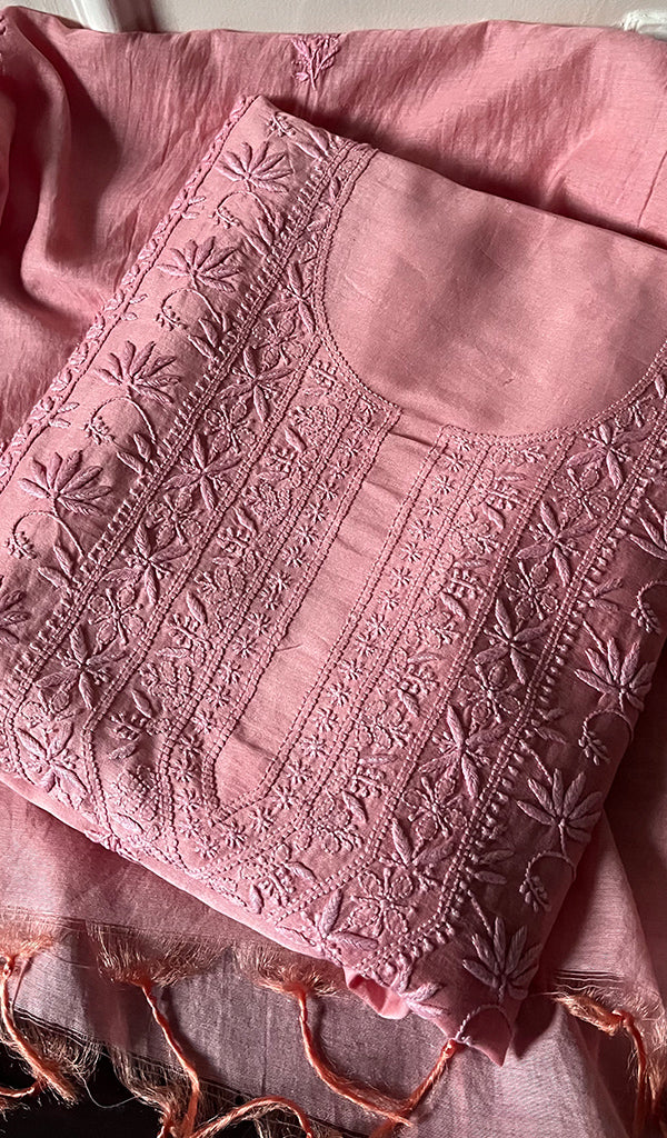 Women's Lucknowi Handcrafted Chanderi Silk Chikankari Full Suit Material - HONC0265291
