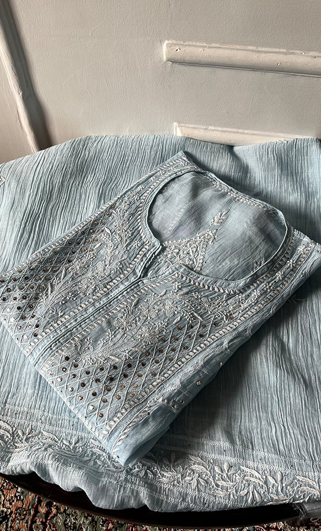 Women's Lakhnavi Handcrafted Mul Chanderi Semi - stitched Chikankari Full Suit Material - HONC0333495