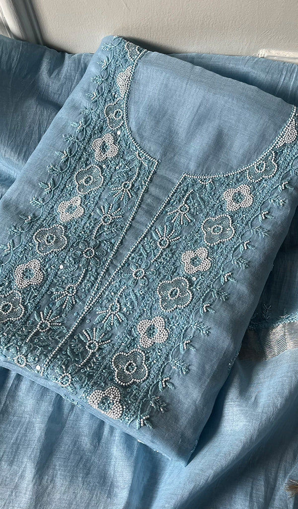 Women's Lakhnavi Handcrafted Mul Chanderi Chikankari Full Suit Material - HONC02271173
