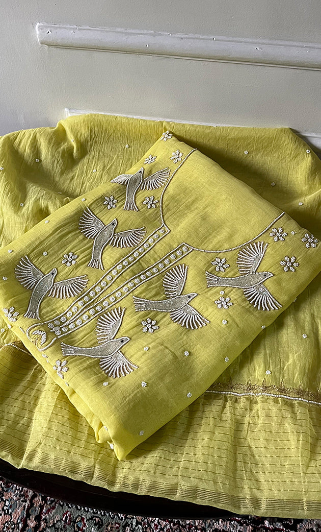 Chidiya Women's Lakhnavi Handcrafted Mul Chanderi Unstitched Chikankari Full Suit Material - HONC0330319