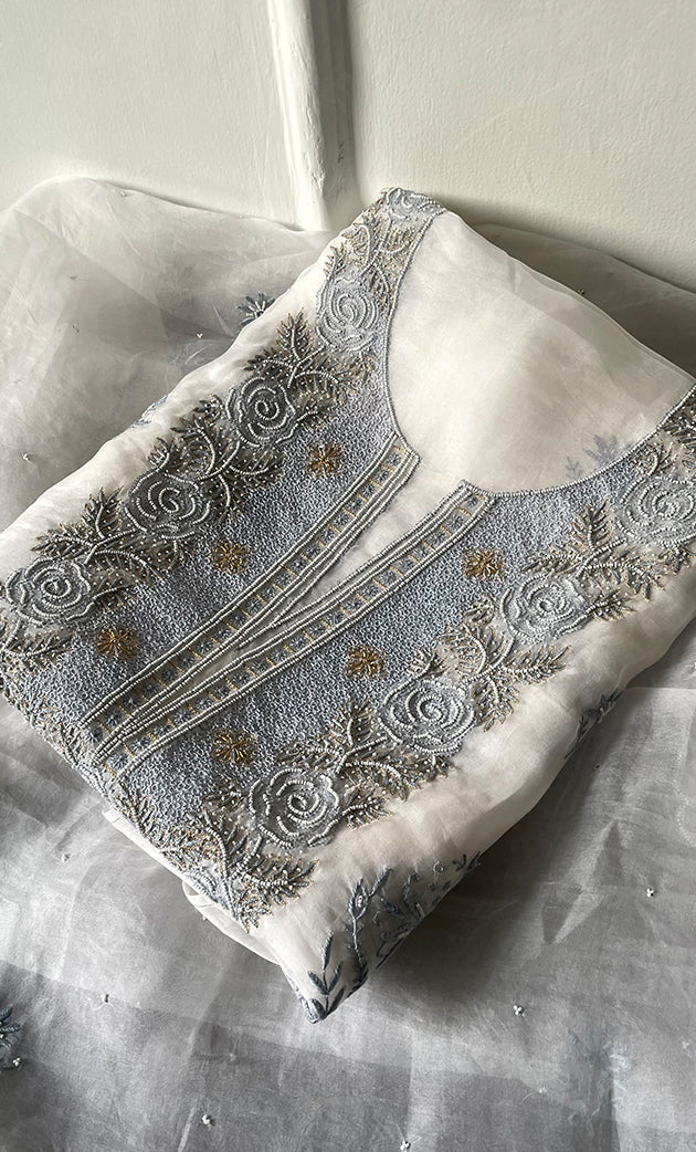 Mehnaj  Women's Lakhnavi Handcrafted Pure Organza Chikankari Unstitched Kurta And Dupatta Set- HONC0316462