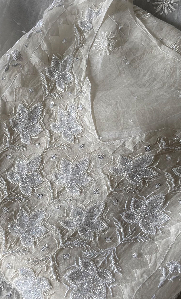 Women's Lakhnavi Handcrafted Pure Organza Chikankari Semi - stitched Kurta And Dupatta Set- HONC0322186