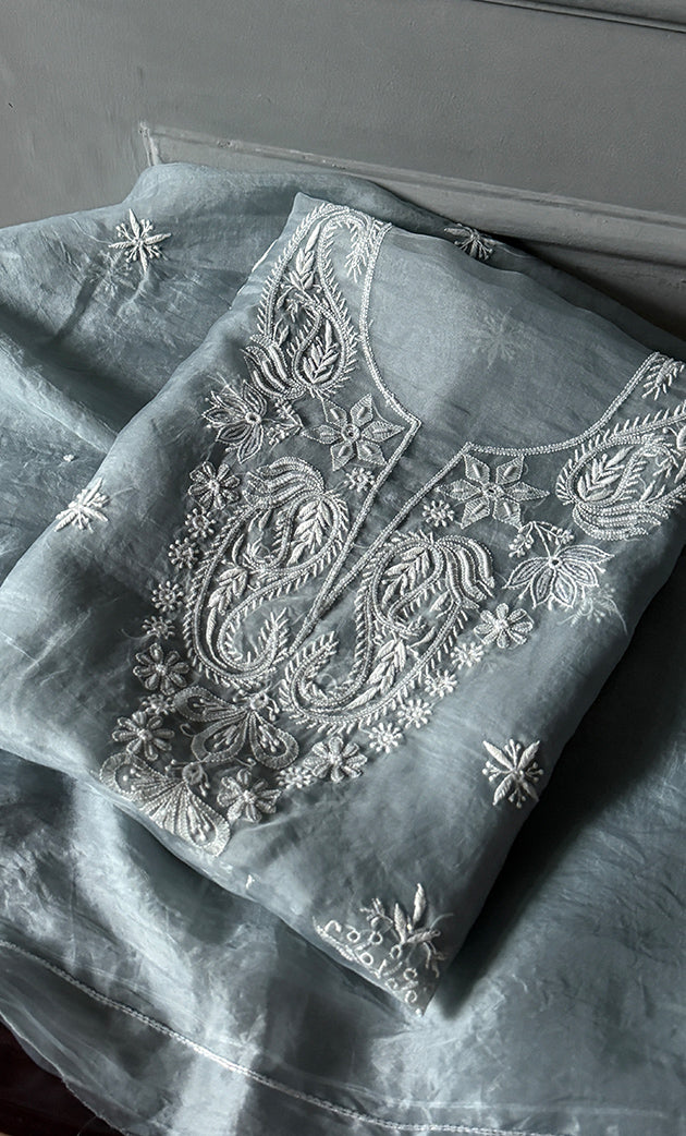 Women's Lakhnavi Handcrafted Pure Organza Chikankari Unstitched Kurta And Dupatta Set- HONC0304472