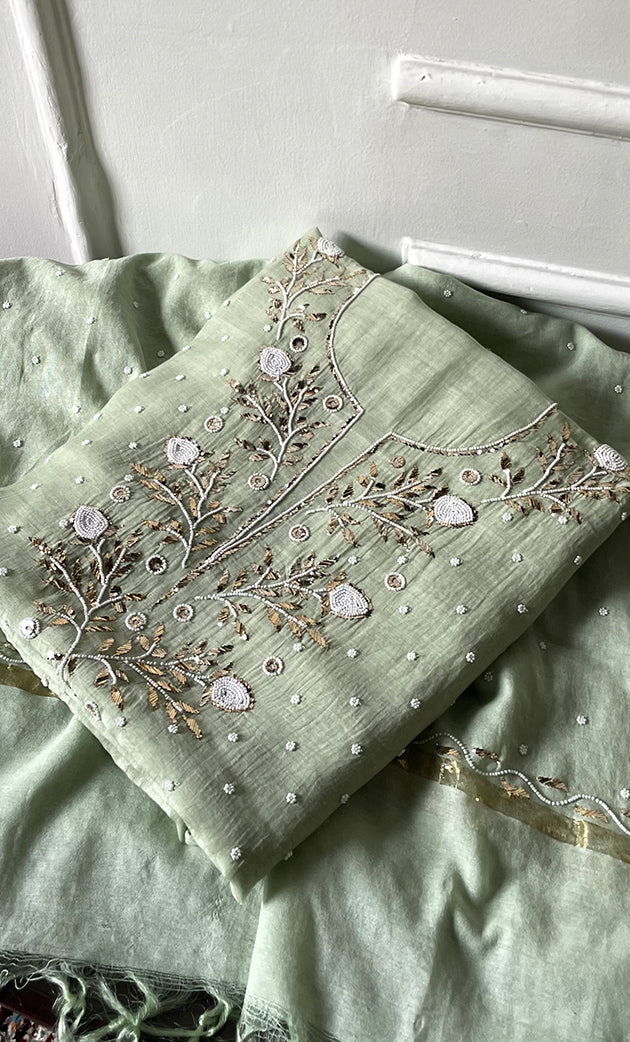 Women's Lakhnavi Handcrafted Mul Chanderi Unstitched Chikankari Full Suit Material - HONC0311949
