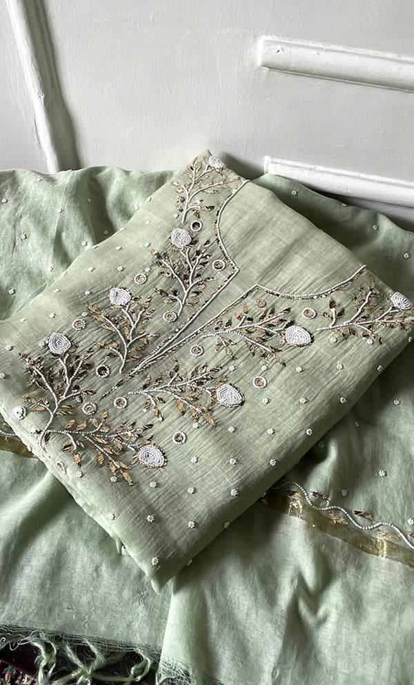 Women's Lakhnavi Handcrafted Mul Chanderi Unstitched Chikankari Full Suit Material - HONC0311949