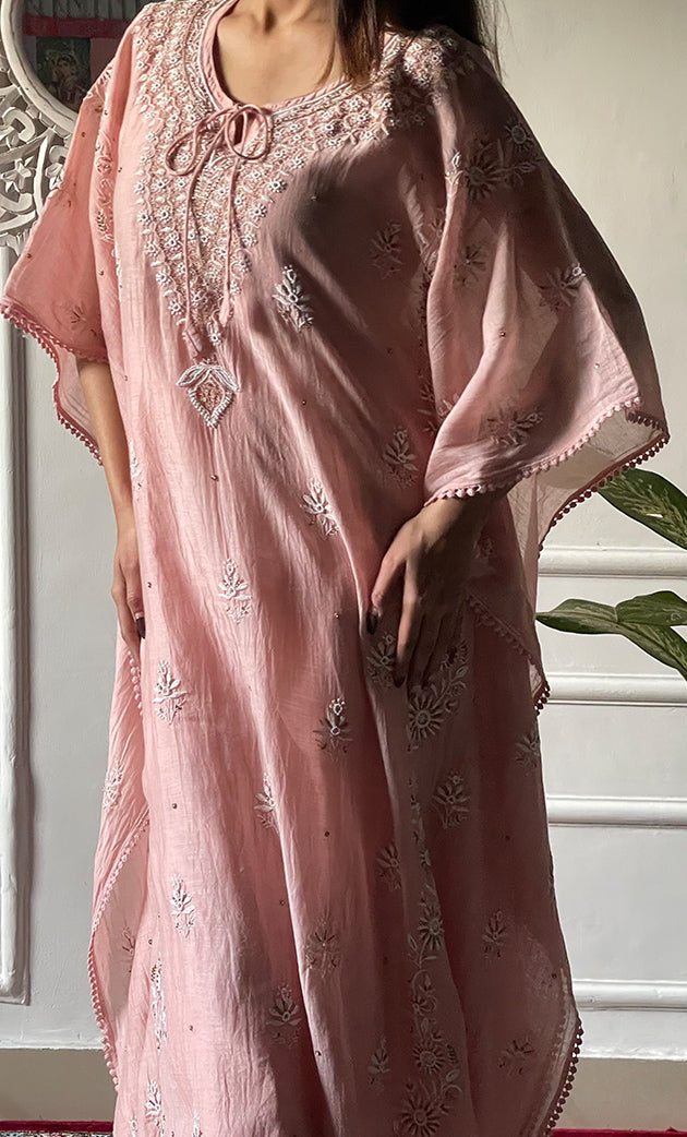 Women's Lucknowi Handcrafted Mul chanderi Chikankari Kaftan - HONC0318262