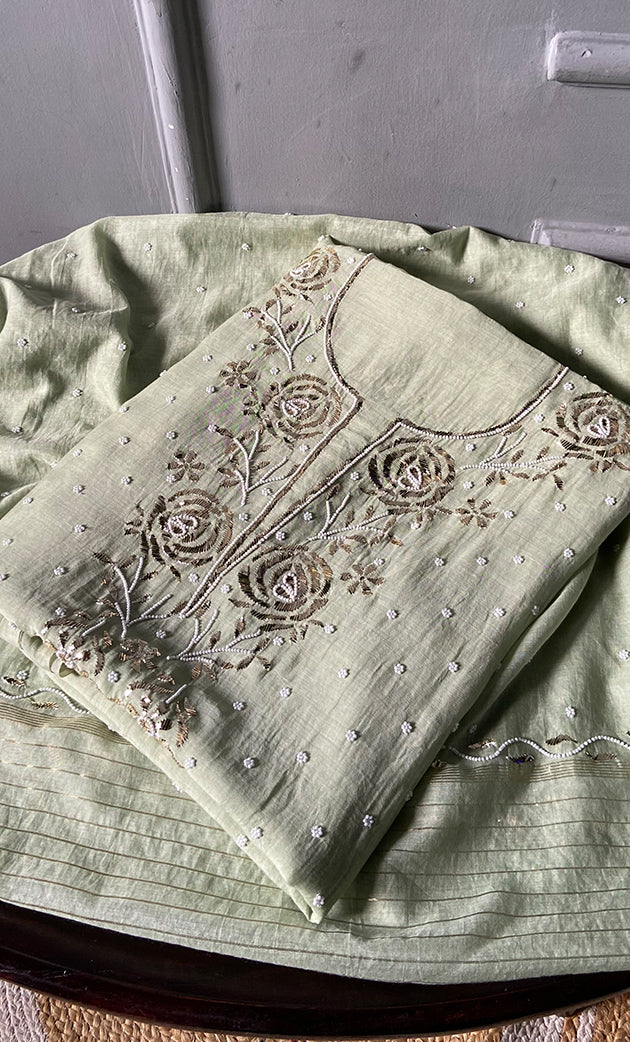 Women's Lakhnavi Handcrafted Mul Chanderi Unstitched Chikankari Full Suit Material - HONC0311937