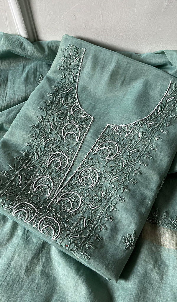 Women's Lakhnavi Handcrafted Mul Chanderi Chikankari Full Suit Material - HONC0271180