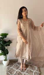 Load image into Gallery viewer, Women's Lucknowi Handcrafted Pure Organza Silk Stitched Chikankari Kurta, Dupatta With Pant Set- HONC0368443