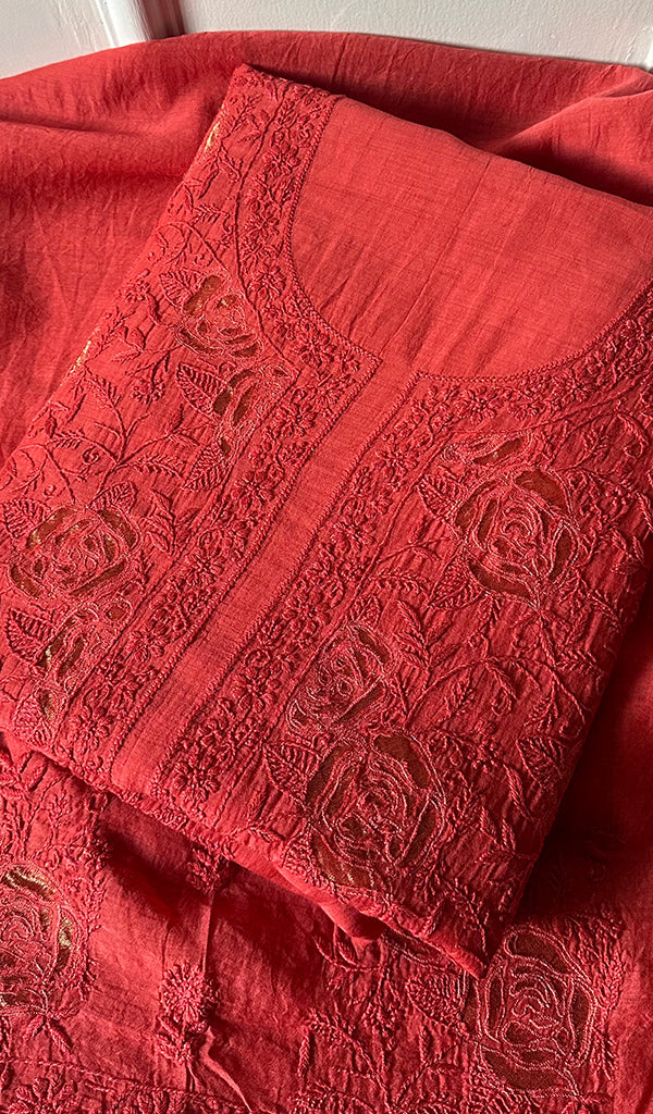 Women's Lakhnavi Handcrafted Mul Chanderi Unstitched Kurta And Dupatta Set - HONC0277039