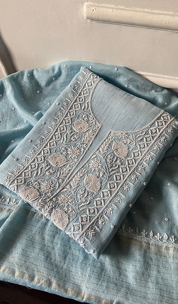 Women's Lakhnavi Handcrafted Mul Chanderi Unstitched Chikankari Full Suit Material - HONC0305162