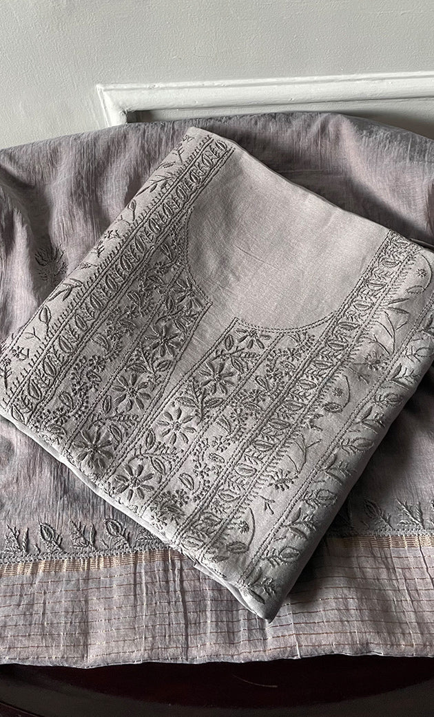 Women's Lucknowi Handcrafted Chanderi Silk Chikankari Full Suit Material - HONC0307136