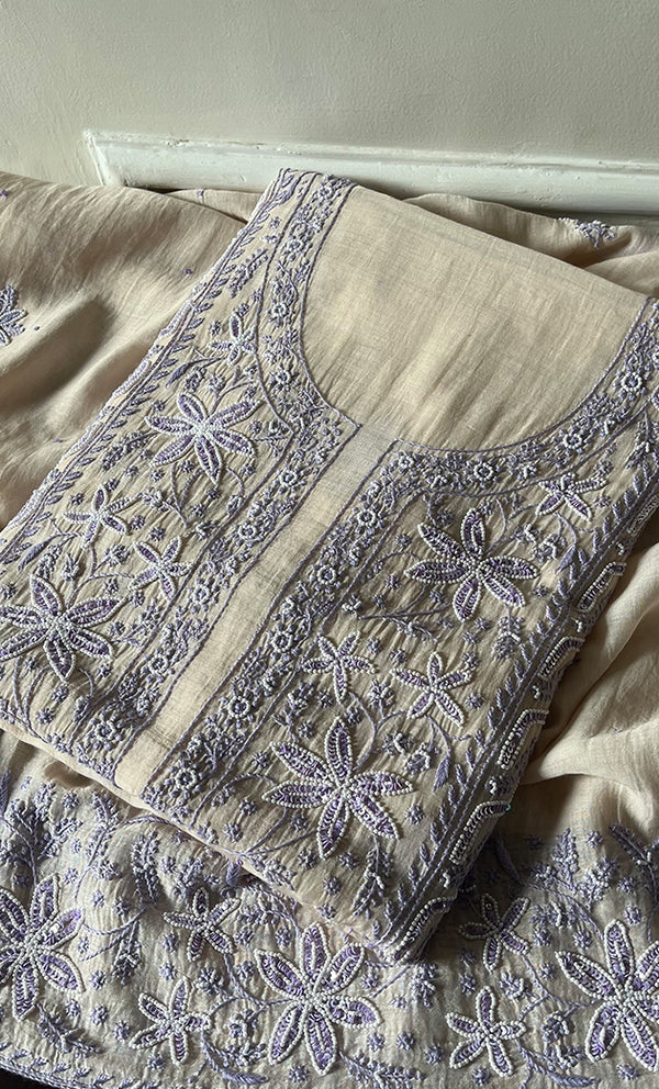 Women's Lakhnavi Handcrafted Mul Chanderi Unstitched Kurta And Dupatta Set - HONC0302257