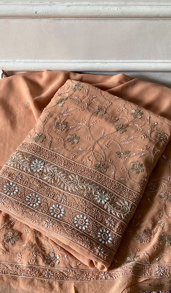 Women's Lakhnavi Handcrafted Pure Silk Georgette Chikankari Kurta And Dupatta Set - HONC0271654