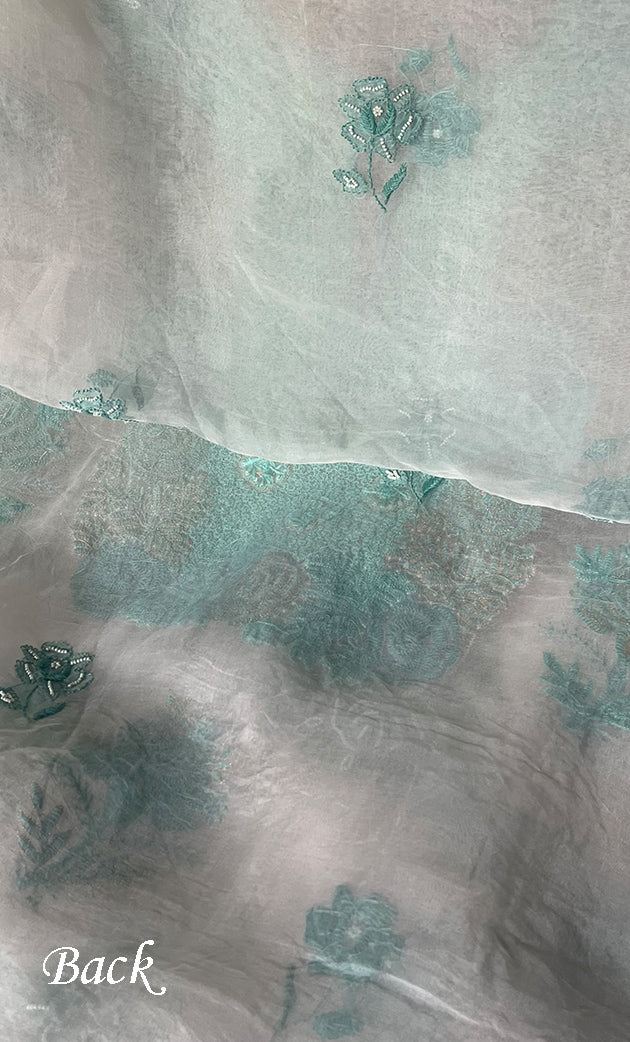 Mehnaj Women's Lakhnavi Handcrafted Pure Organza Chikankari Unstitched Kurta And Dupatta Set- HONC0228643