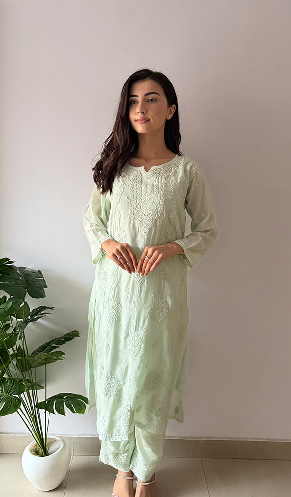 Women's Lakhnavi Handcrafted Modal Cotton Chikankari Kurti And Plazzo Set - HONC0371337