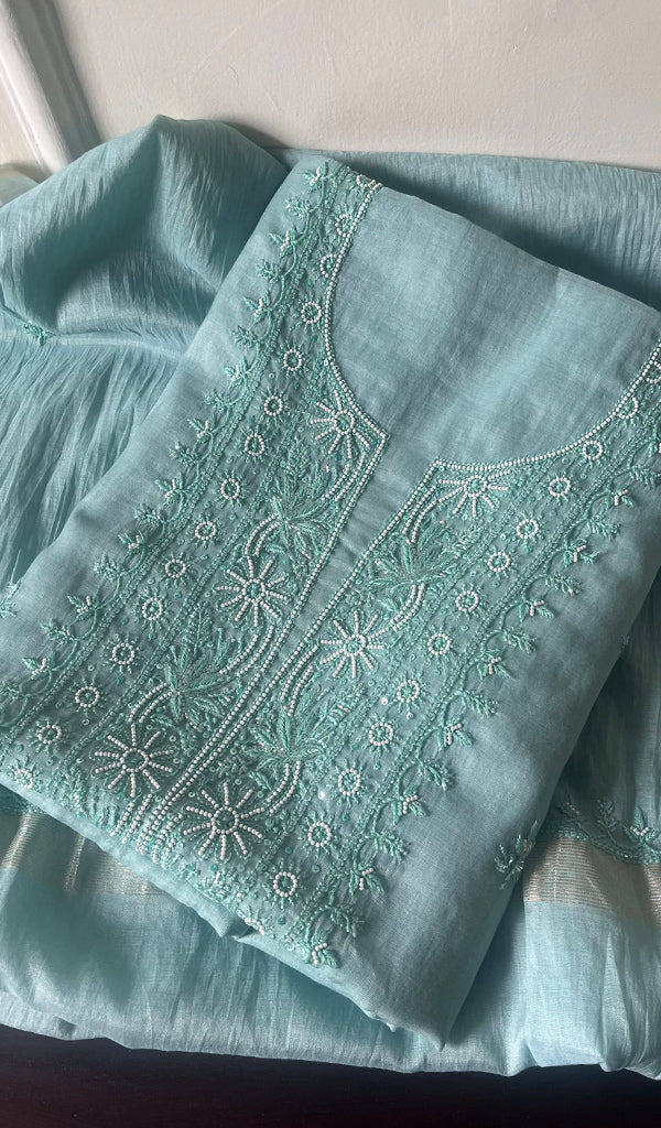Women's Lakhnavi Handcrafted Mul Chanderi Chikankari Full Suit Material - HONC0271172