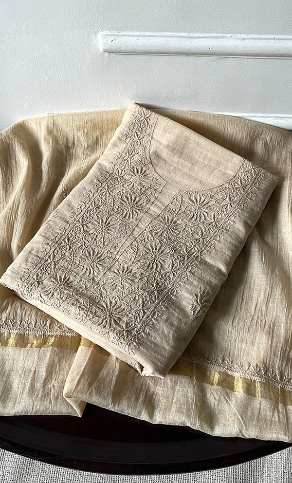 Women's Lakhnavi Handcrafted Mul Chanderi Unstitched Chikankari Full Suit Material - HONC0319529