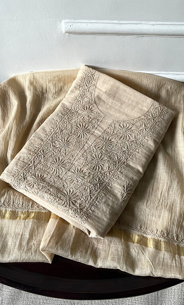 Women's Lakhnavi Handcrafted Mul Chanderi Unstitched Chikankari Full Suit Material - HONC0319529