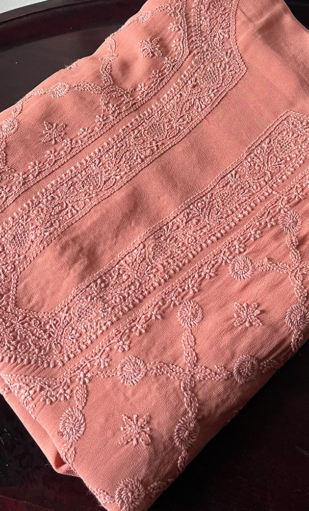 Lucknowi Handcrafted Viscose Georgette Chikankari Unstitched Men's Kurta Fabric - HONC0282443